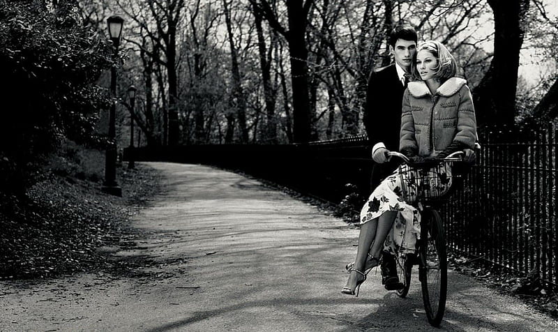 Bicycle Romance, forest, romance, black and white, bicycle, man, road, woman, HD wallpaper