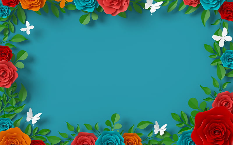 Floral frame template, paper roses, paper flowers, frame of flowers, multicolored roses frame, flowers frame, HD wallpaper