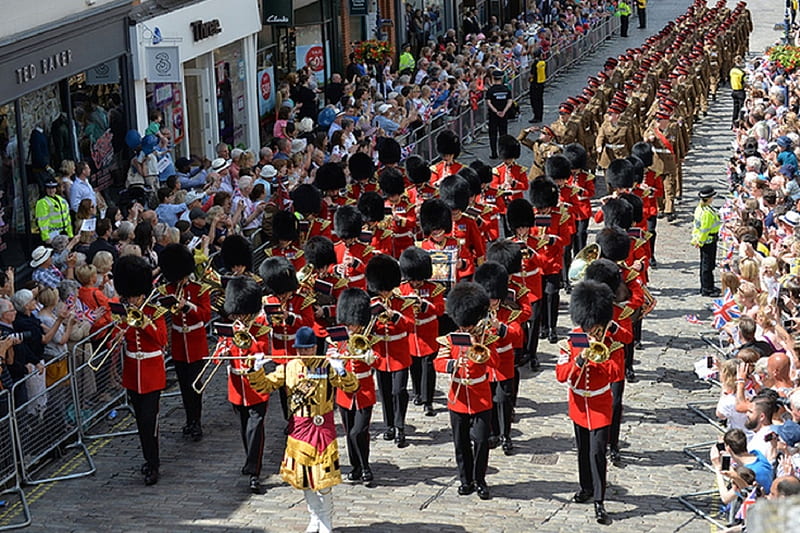 Armed Forces Day UK 2018, scarlet tunics, parade, grenadiers, bear skin cap, band, instruments, british military, black, HD wallpaper