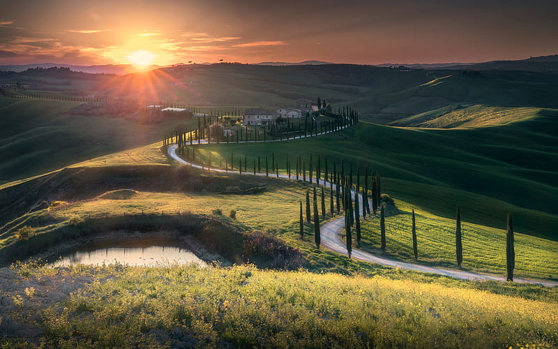 Tuscany, sunrise, hills, bright sun, Italy, Europe, HD wallpaper