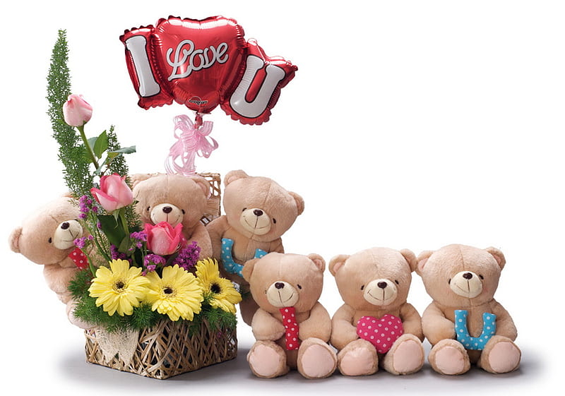 I love you!!!, pretty, rose, bonito, ikebana, teddy bears, graphy, nice, love, gerbera, flowers, beauty, toys, harmony, gerber, lovely, holiday, ribbon, colors, i love you, roses, balloon, cool, bouquet, heart, flower, bears, HD wallpaper