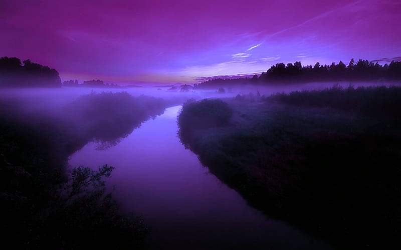 Misty Morn, river, purple, abstract, field, HD wallpaper