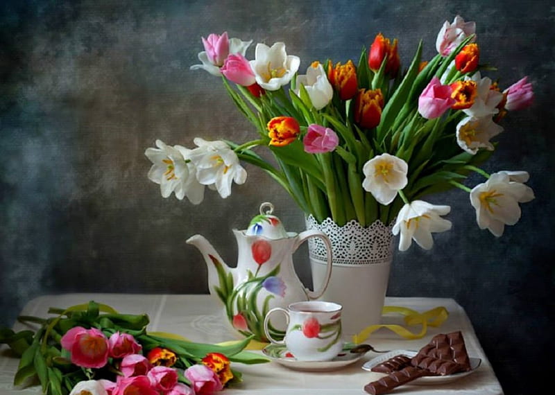Tea time with chocolate and tulips, still life, bouquet, tea time, flowers, spring, HD wallpaper