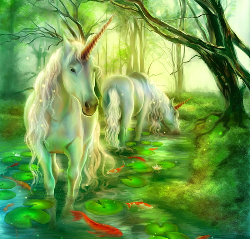 Unicorns, koi, emilia pawlikowska, pestei, forest, fish, luminos, unicorn, pond, fantasy, water, green, couple, HD wallpaper