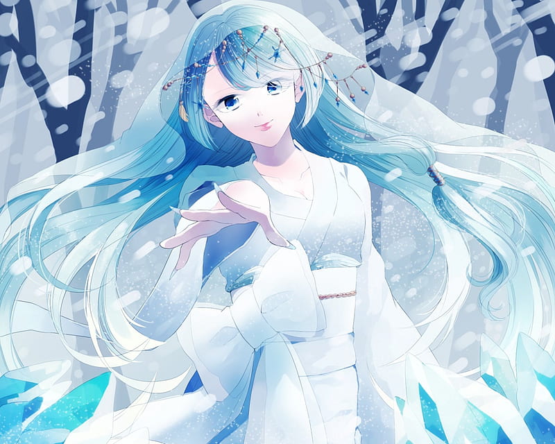 Snow Maiden, pretty, bonito, sweet, nice, animegirl, anime, yukata, beauty, long hair, female, lovely, kimono, winter, girl, blue hair, snow, lady, maiden, HD wallpaper