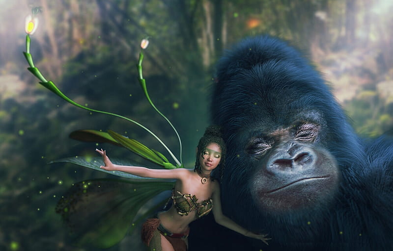 Jungle fae, deanna cathcart, monkey, fantasy, girl, jungle, gorilla ...