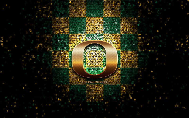 Oregon Ducks, glitter logo, NCAA, yellow green checkered background, USA, american football team, Oregon Ducks logo, mosaic art, american football, America, HD wallpaper