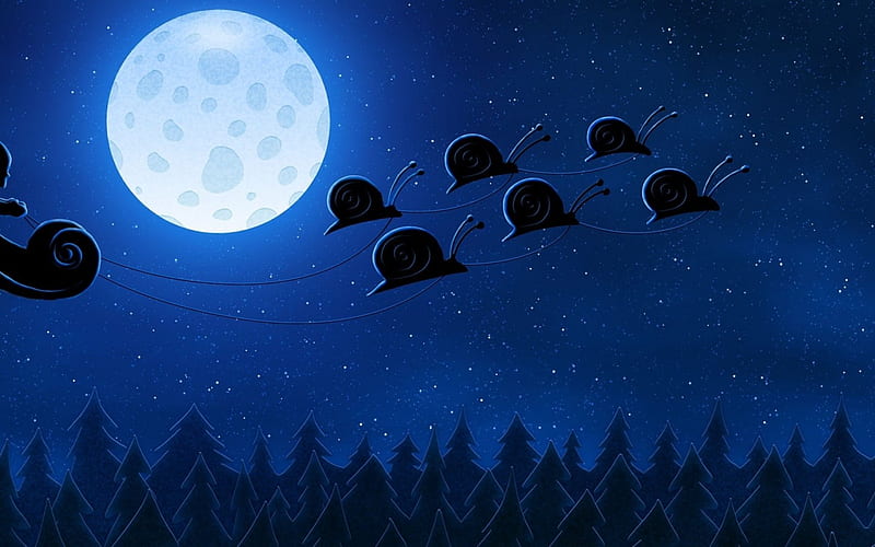 Ho Ho Ho, moon, luminos, craciun, christmas, snails, cute, santa, fantasy, moon, funny, blue, night, HD wallpaper