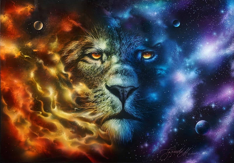 Elemental lion, stars, luminos, leu, lion, fire, fantasy, water, gerald mendez, air, star, HD wallpaper
