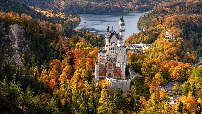 Bavaria Castle Covered By Forest Germany Lake Neuschwanstein Travel, HD wallpaper