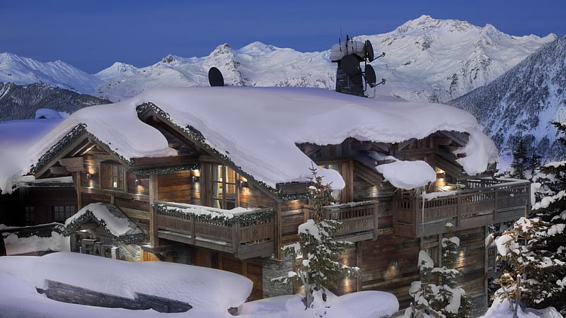 lodge in the ski resort of courchevel france, resort, dawn, lodge, mountains, winter, HD wallpaper