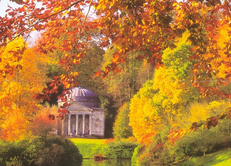 Stourhead Gardens, the Pantheon, fall, autumn, pavillion, colors, trees, lesves, HD wallpaper