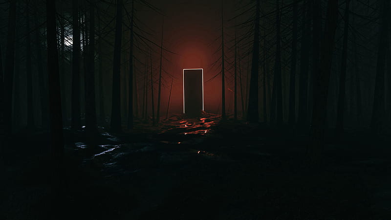 forest, dark, door, glow, portal, HD wallpaper