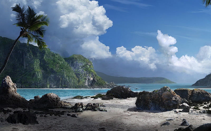 incredible tropical cove, beach, rocks, cliffs, cove, clouds, palms, HD wallpaper