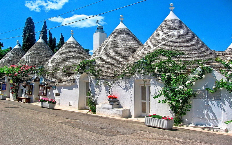 Alberobello houses_Italy, architecture, Italia, Italy, ruins, old, clouds, nice, monument, bridge, landscapes, village, flowers, street, hills, ancient, view, houses, roofs, town, colors, alberobello, sky, trees, lake, panorama, building, antique, medieval, trulli, HD wallpaper