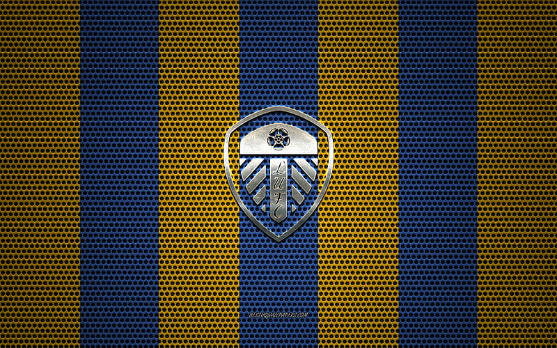 Leeds FC logo, English football club, metal emblem, yellow-blue metal mesh background, Leeds FC, EFL Championship, Leeds, England, football, HD wallpaper
