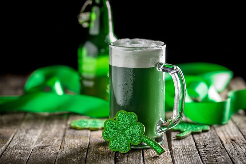 St. Patrick's Day, Saint Patricks Day, bottle, ribbon, mug, still life, clovers, glass, green, shamrocks, beer, Patricks Day, HD wallpaper