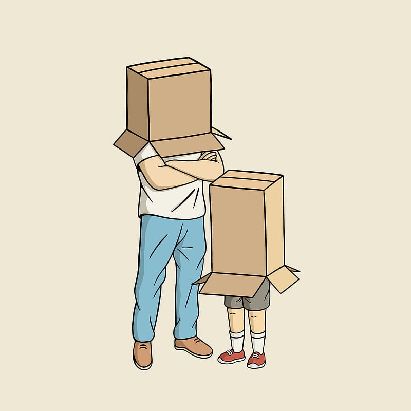 Moving out, Louis16art, artwork, box, cardboard, characters, drawing, family, father, funny, hidden, illustration, son, HD phone wallpaper