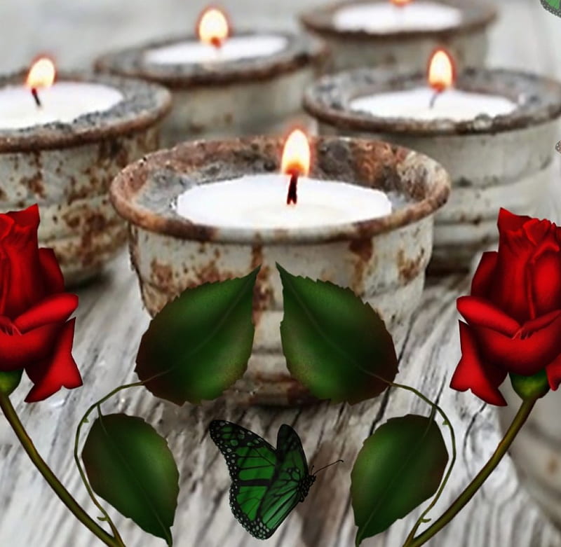 •● ⊰✿⊱ ●•, candleholders, red, butterflies, roses, tealights, old, lights, candles, HD wallpaper