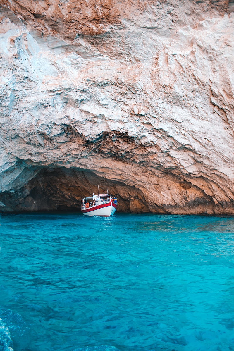 water, rock, boat, sea, bay, cave, HD phone wallpaper