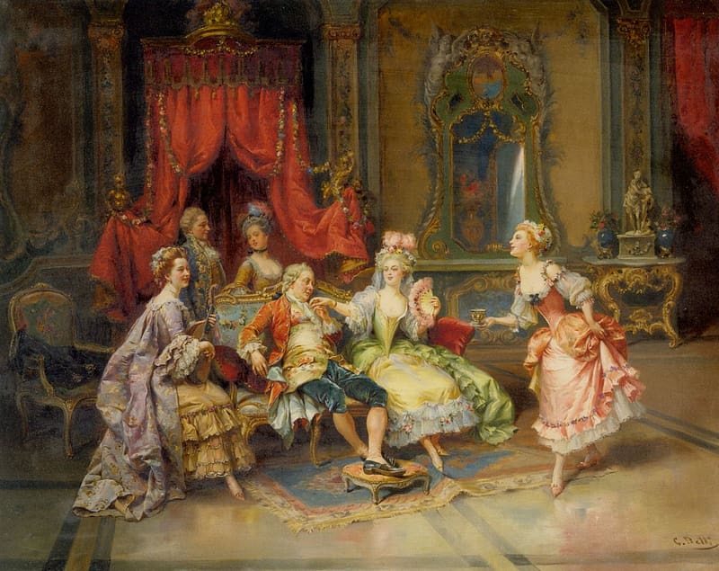 Louis XV in the Throne Room, painting, art, cesare auguste detti, pictura, man, people, louis XV, woman, room, HD wallpaper
