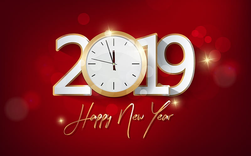 New 2019 Year, red background, clock, golden inscription, golden metal numbers, 2019 concepts, Happy New Year, HD wallpaper