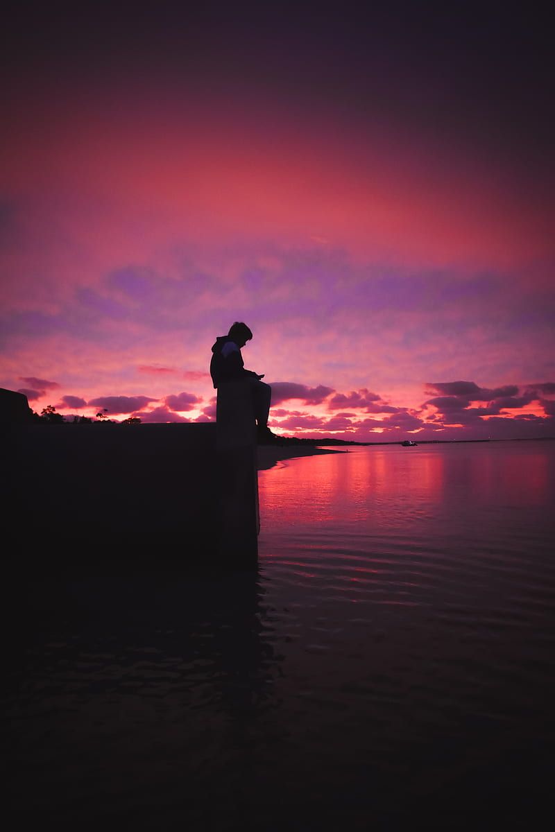 silhouette, alone, sad, sea, clouds, sunset, dark, HD phone wallpaper