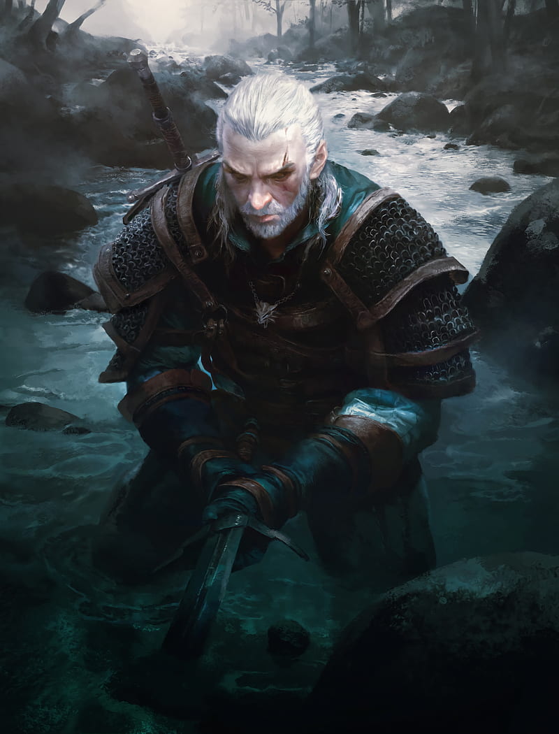 digital art, artwork, video games, men, The Witcher, The Witcher 3: Wild Hunt, white hair, long hair, Geralt of Rivia, beard, sword, river, portrait display, HD phone wallpaper