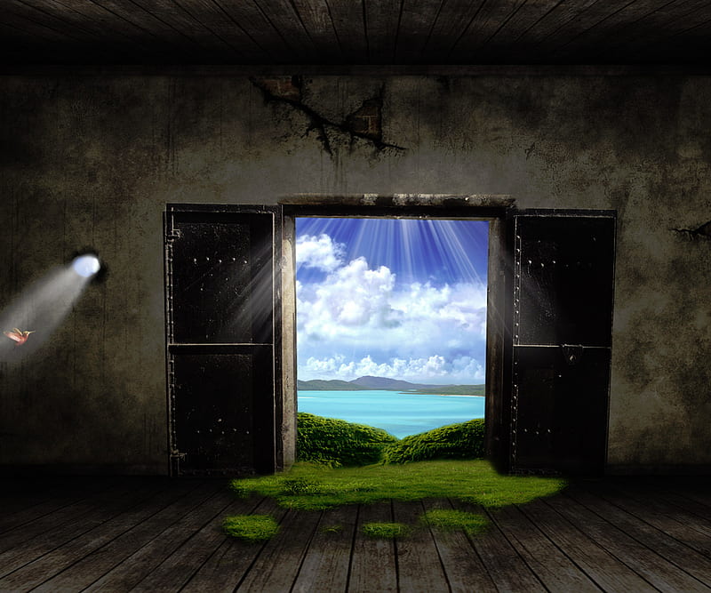 Fantasy Doors, awesome, dreamy, galaxy, land, nature, new, world, HD wallpaper