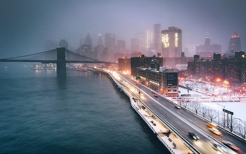 New York, evening, winter, snow, city lights, USA, Brooklyn Bridge, HD wallpaper