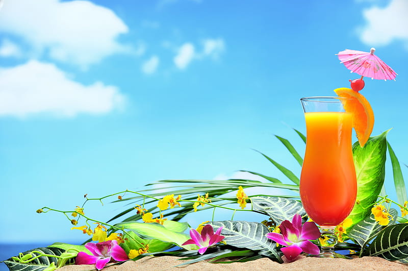 Tropical Paradise, beach, cocktail, summer, flowers, drink, tropical, HD wallpaper