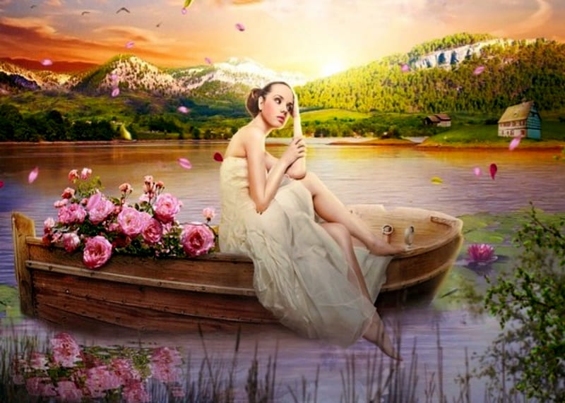 Summer Rain, Boat, Lake, Woman, Roses, Flowers, HD wallpaper