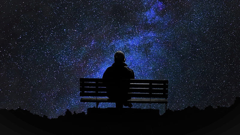 Man Is Sitting Alone On Bench Under Starry Sky During Nighttime Alone, HD wallpaper