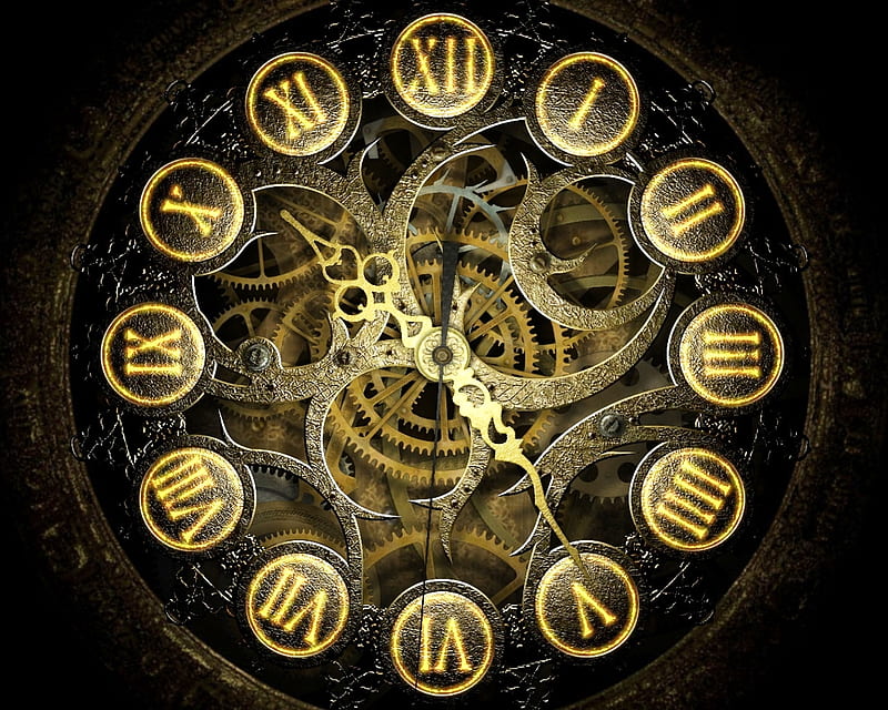 3D Clock, clock, time, golden, dark, HD wallpaper