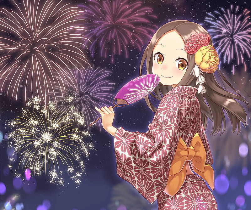 Anime, Karakai Jouzu no Takagi-san, Fireworks , Kimono , Takagi (Karakai Jouzu no Takagi-san), HD wallpaper