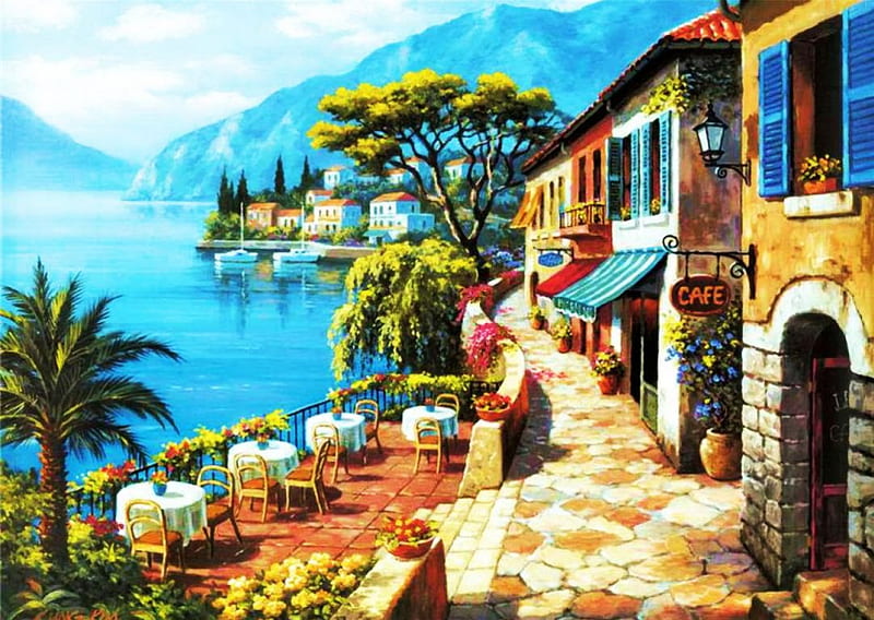 Mediterranean Coast, tables, restaurant, houses, chairs, path, trees, artwork, sea, HD wallpaper