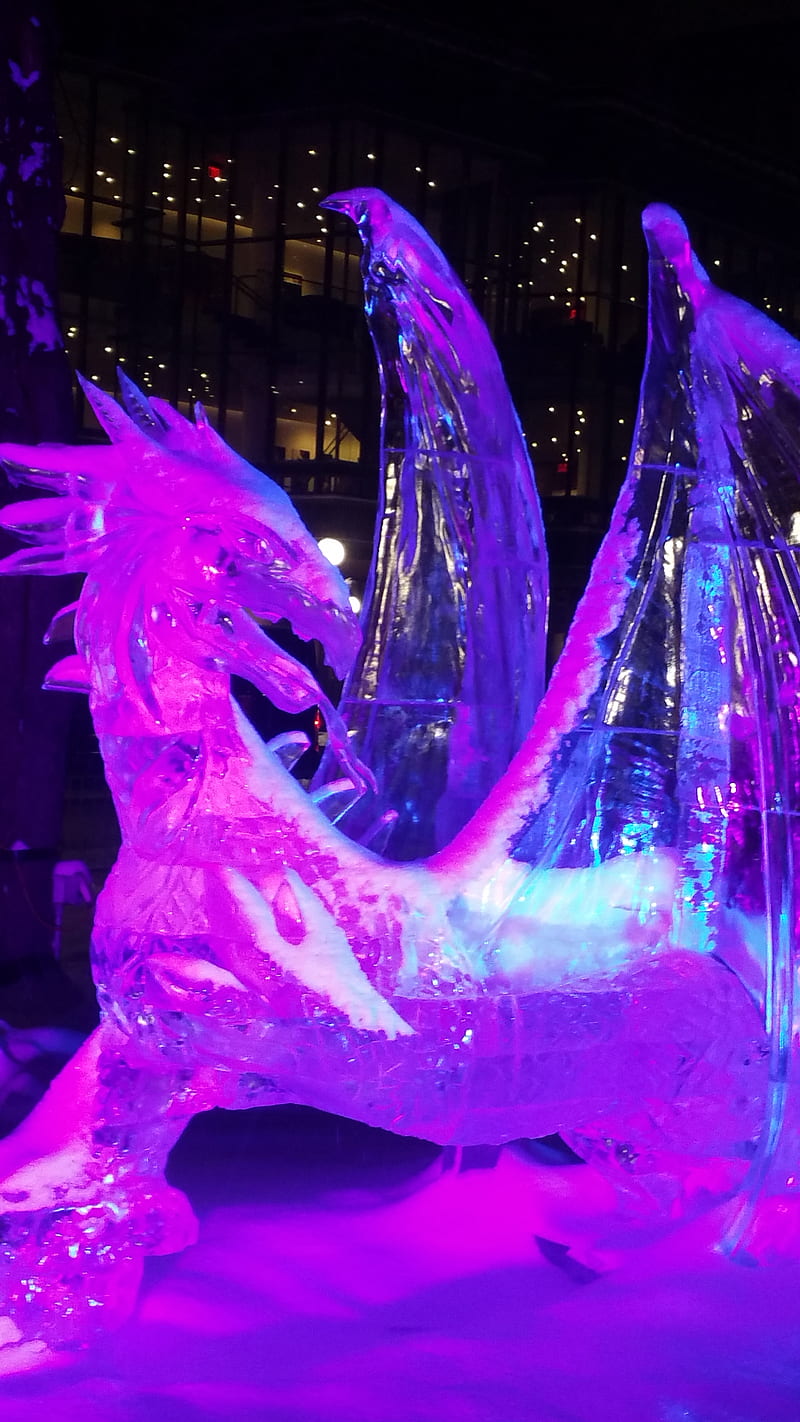Ice dragon, art, blue, cold, pink, sculpture, HD phone wallpaper