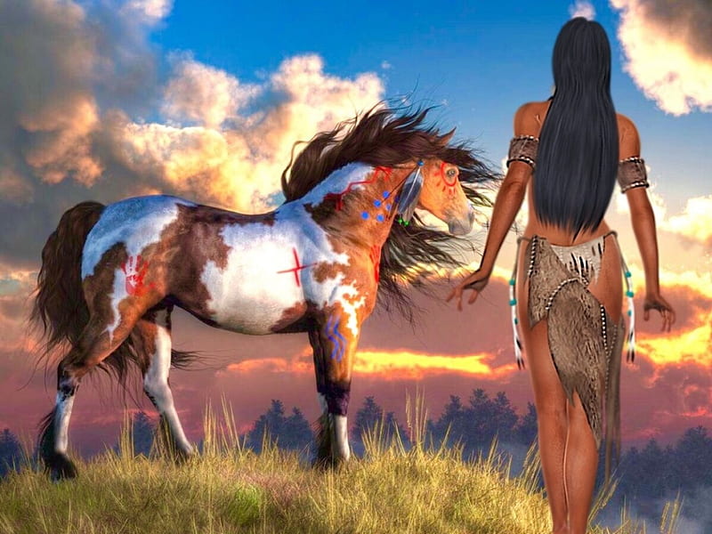 Native American and her Horse, Digital art, Horse, native american, sky, woman, Indian, HD wallpaper
