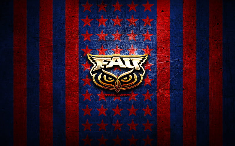Florida Atlantic Owls flag, NCAA, red blue metal background, american football team, Florida Atlantic Owls logo, USA, american football, golden logo, Florida Atlantic Owls, HD wallpaper