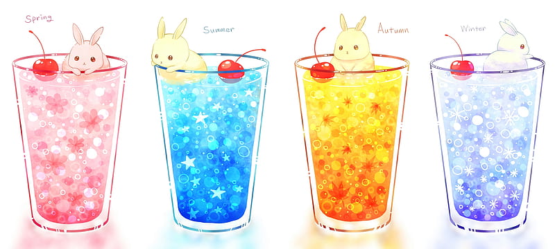 Bunny drinks, rabbit, drinks, daikichi, manga, yellow, cute, fruit, glass, vara, anime, summer, bunny, white, pink, cherry, blue, HD wallpaper