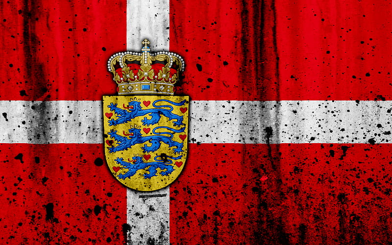 Danish flag grunge, flag of Denmark, Europe, Denmark, national symbolism, coat of arms of Denmark, Danish coat of arms, HD wallpaper