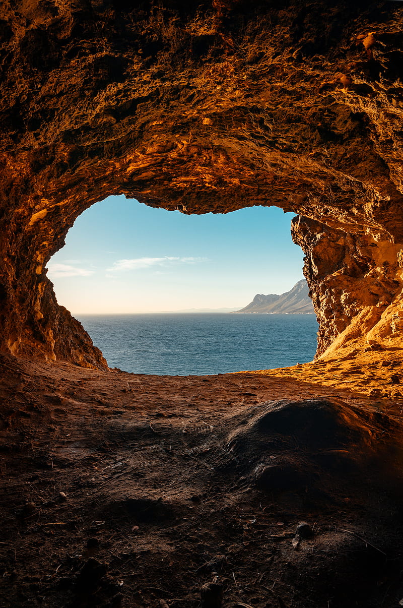 cave, rocks, stones, sea, horizon, HD phone wallpaper
