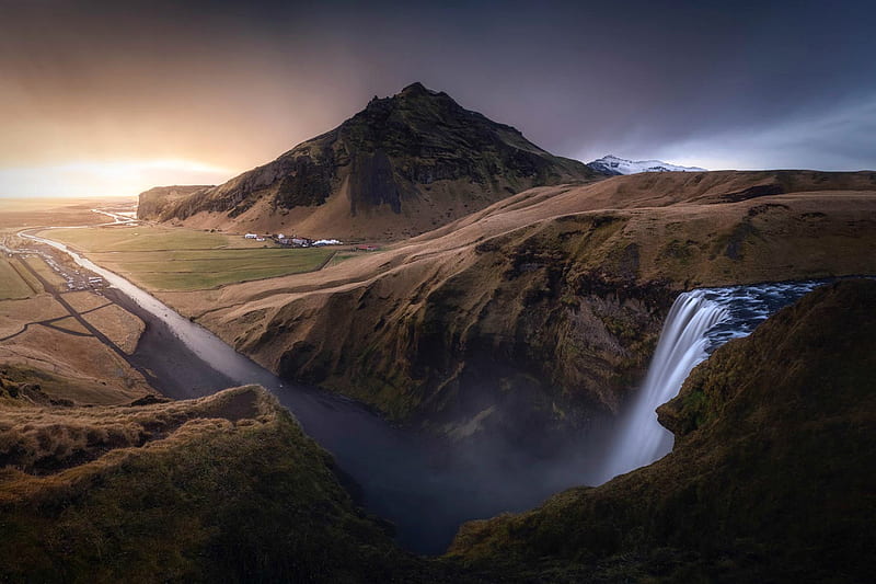 Panorama of Skogafoss Waterfall, Iceland, mountain, waterfall, nature, iceland, HD wallpaper