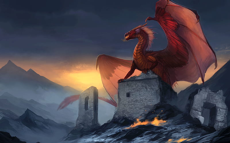 dragons, art, monster, mountans, red dragon, HD wallpaper