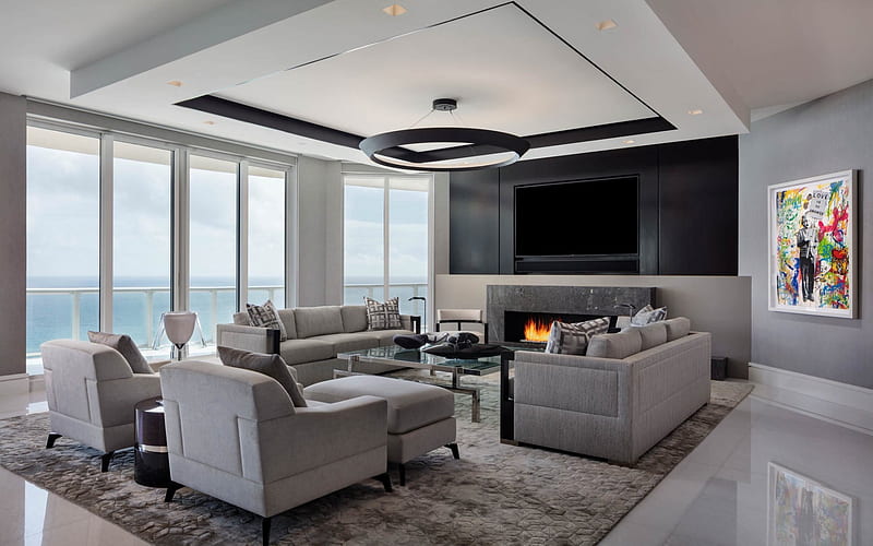 living room, modern interior design, large TV, fireplace, cozy interior, HD wallpaper