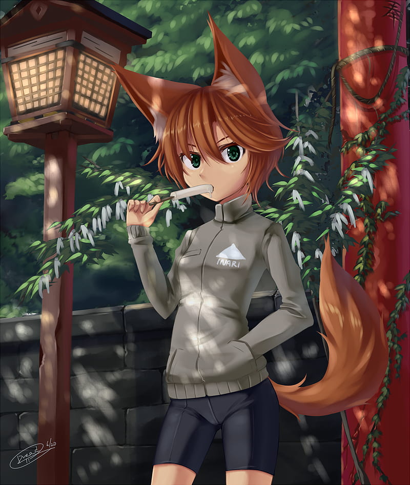 beautiful anime manga girl hellish demonic fox with fiery red tail and hair  and fur collar sticker Stock Illustration | Adobe Stock