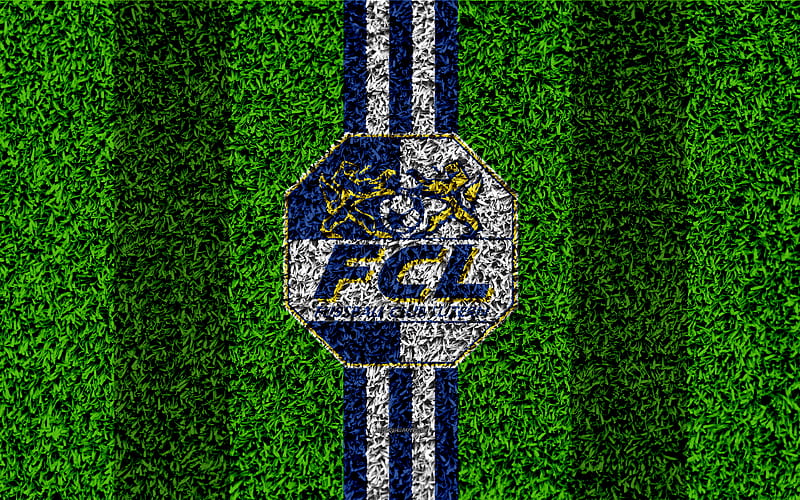 FC Luzern logo, football lawn, swiss football club, white blue lines, Swiss Super League, Lucerne, Switzerland, football, grass texture, HD wallpaper