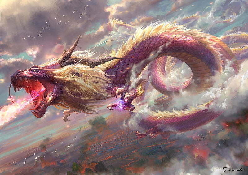Chinese dragon, art, cloud, fantasy, luminos, chinese, pink, dragon, t swck, HD wallpaper