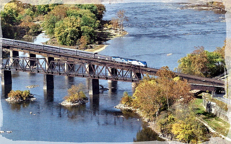 Harper's Ferry - Train 1, railroad, travel, graphy, train, bridge, wide screen, river, scenery, landscape, HD wallpaper
