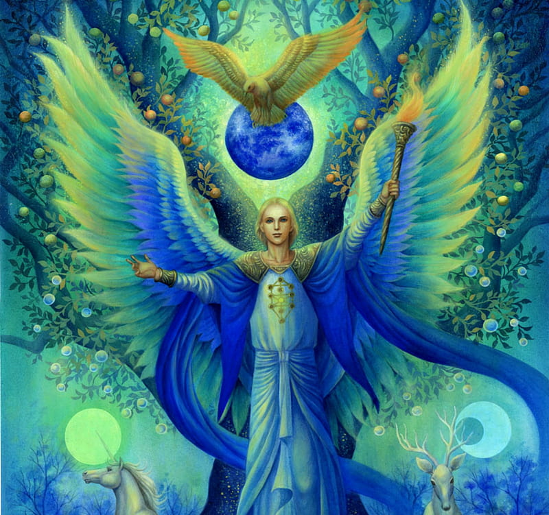 Archangel Michael, wings, sun, moon, luminos, unicorn, angel, mikioku, n, deer, fantasy, moon, green, bird, blue, HD wallpaper